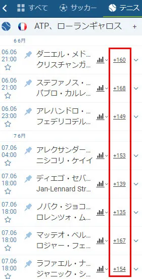 1xbetテニス賭け種類数