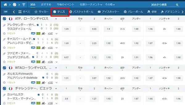 テニスライブベット試合一覧