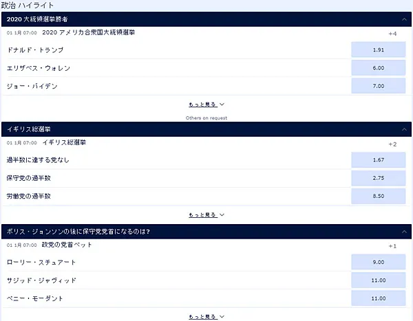 ウィリアムヒル 政治・多彩な賭けの対象